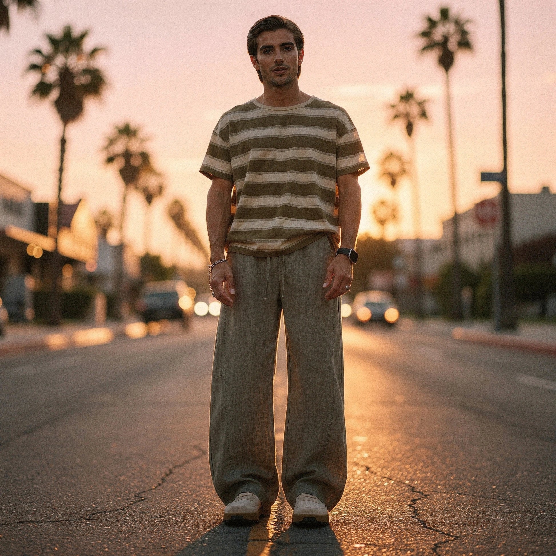 Lightweight summer trousers in a relaxed fit, featuring a subtle beige color and breathable fabric, detailed view of waistband and pockets