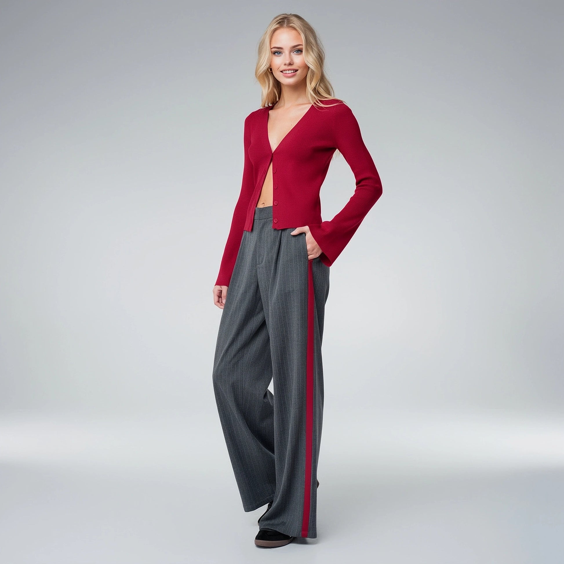 View of high waist trousers in a trendy beige fabric, featuring a tailored fit and sleek silhouette
