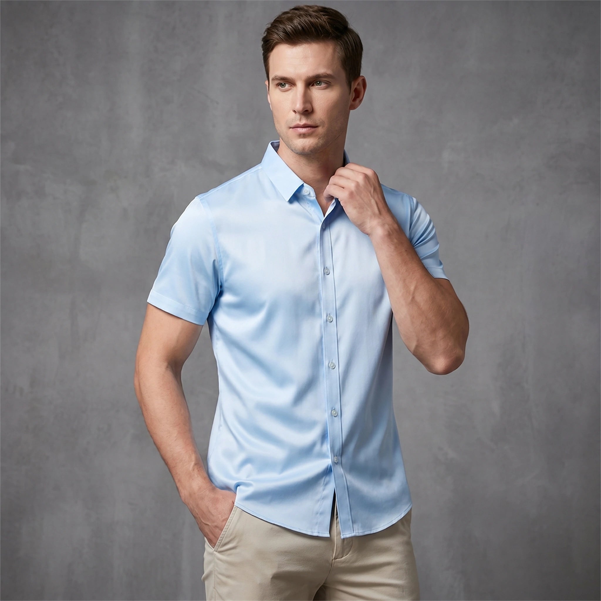 Close up view of the Mens Versatile Relaxed All Season Top showing the soft fabric texture and detailed stitching in a classic color, perfect for everyday wear.