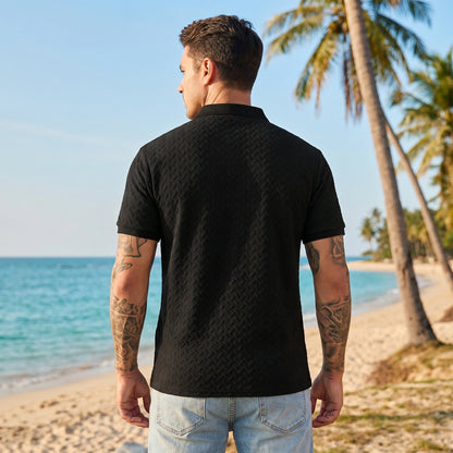 Close up view of the breathable fabric and precise stitching of the men's solid summer polo shirt, showing its quality and attention to .
