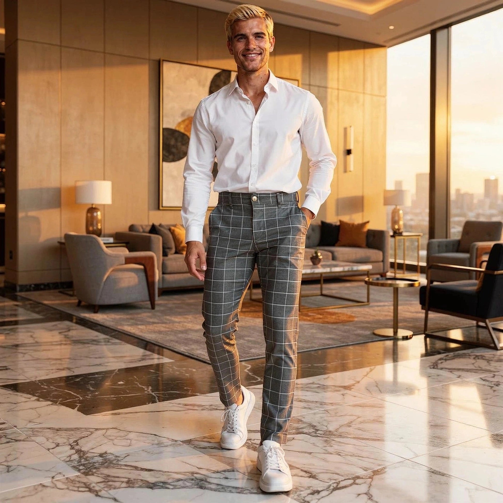 View of tailored tapered trousers in a soft gray fabric, featuring a smooth finish and neatly pressed creases