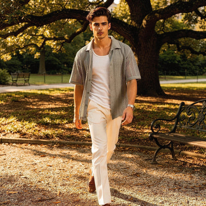 Light blue relaxed fit short sleeve shirt made from soft cotton, featuring a button down collar and chest pocket, view