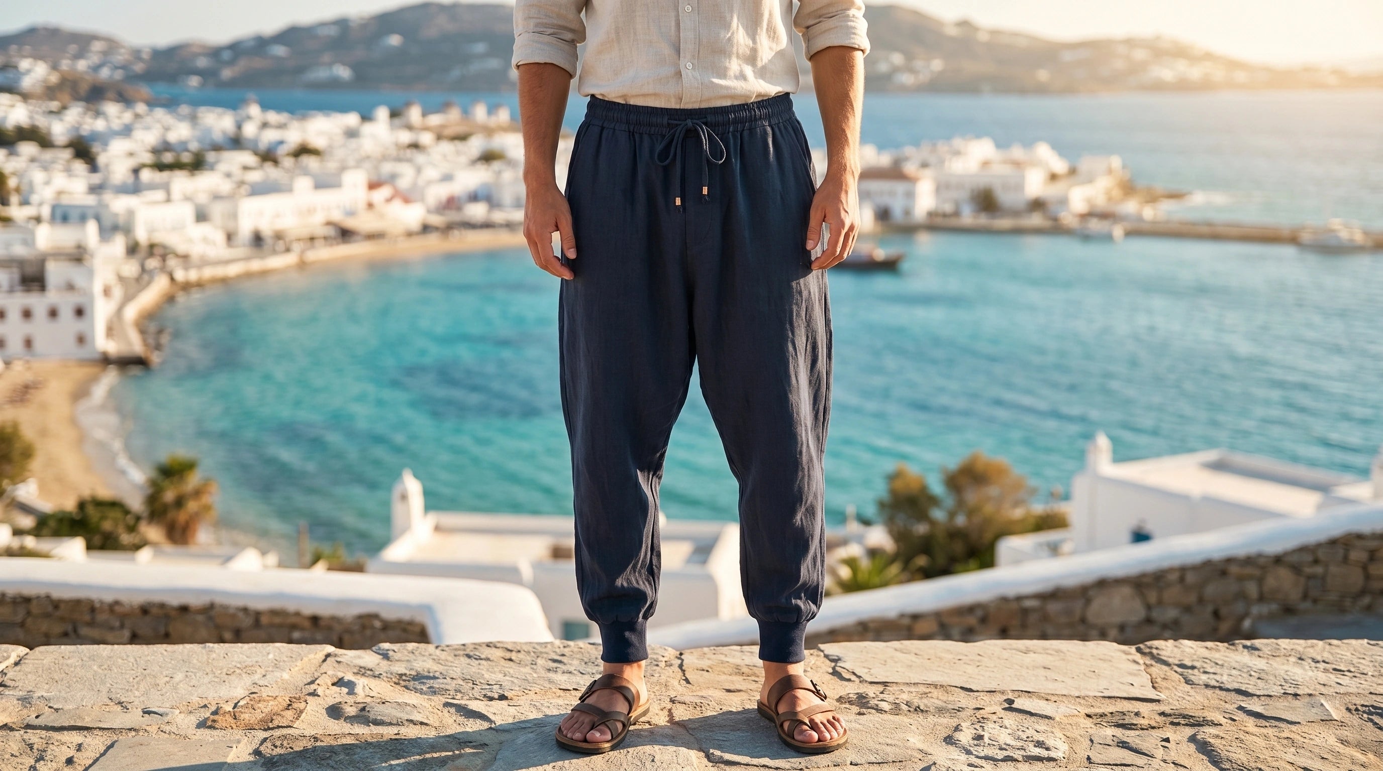 A model showcases the mens relaxed summer linen pants in a light beige color, styled with a casual shirt against a minimalist urban backdrop.