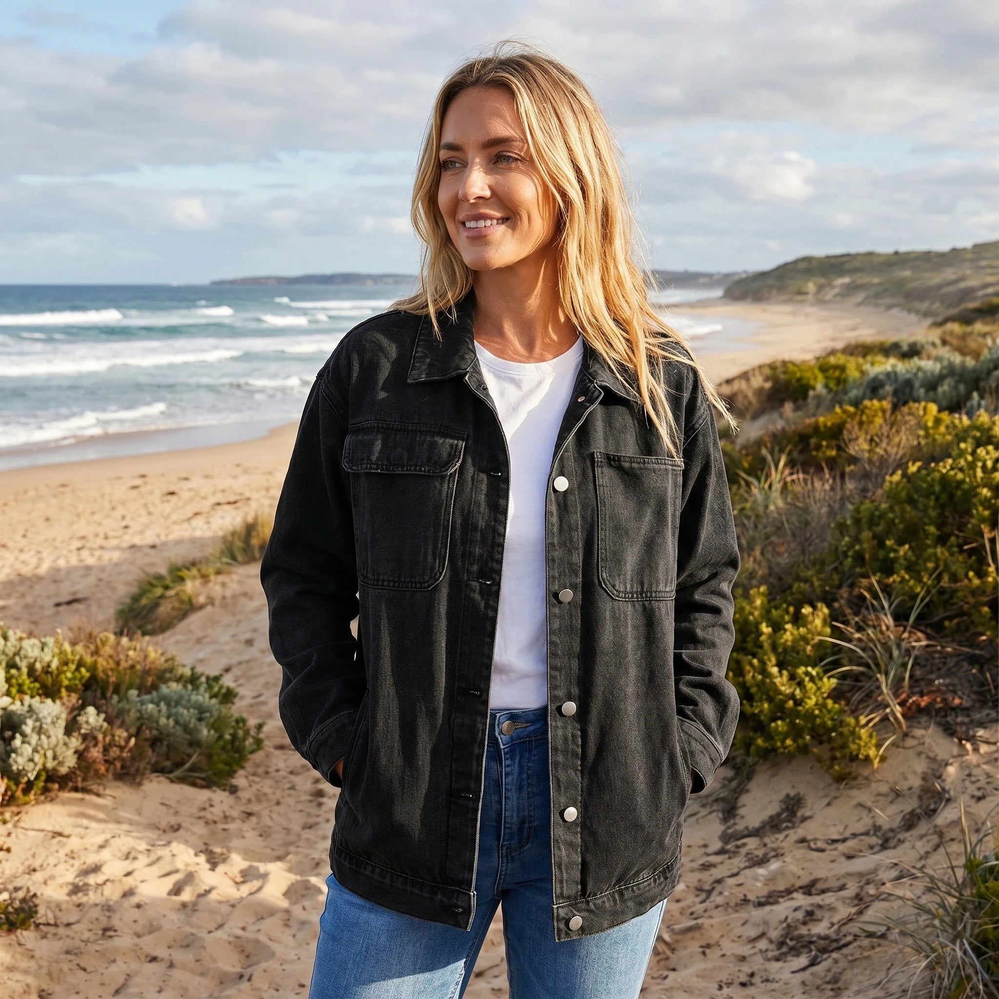 Back view of a model wearing a women's structured denim jacket in a classic blue wash, showing its tailored fit and construction details against a neutral background.