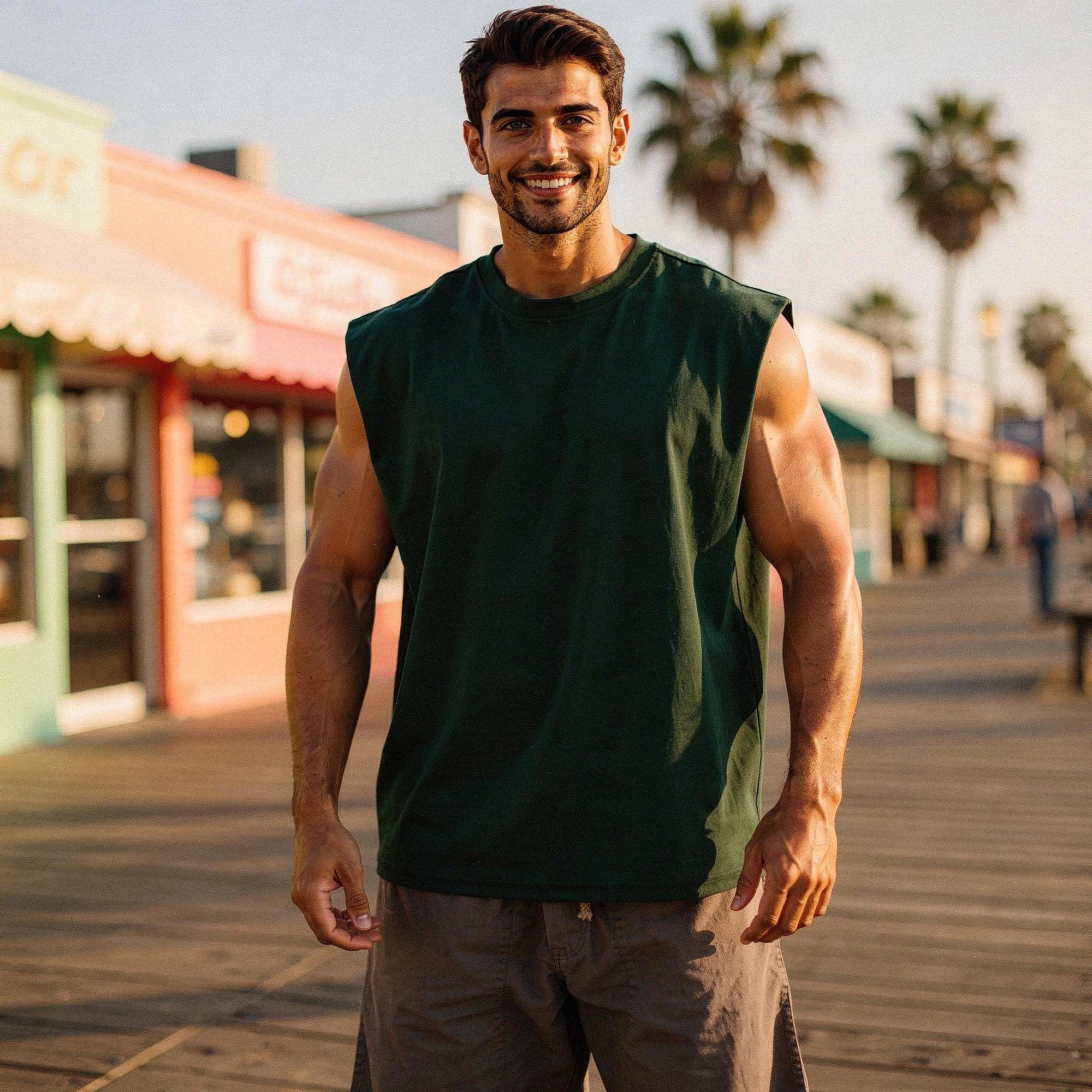 View of a sleek, comfortable summer tank top in a light gray color, featuring a soft fabric and relaxed fit
