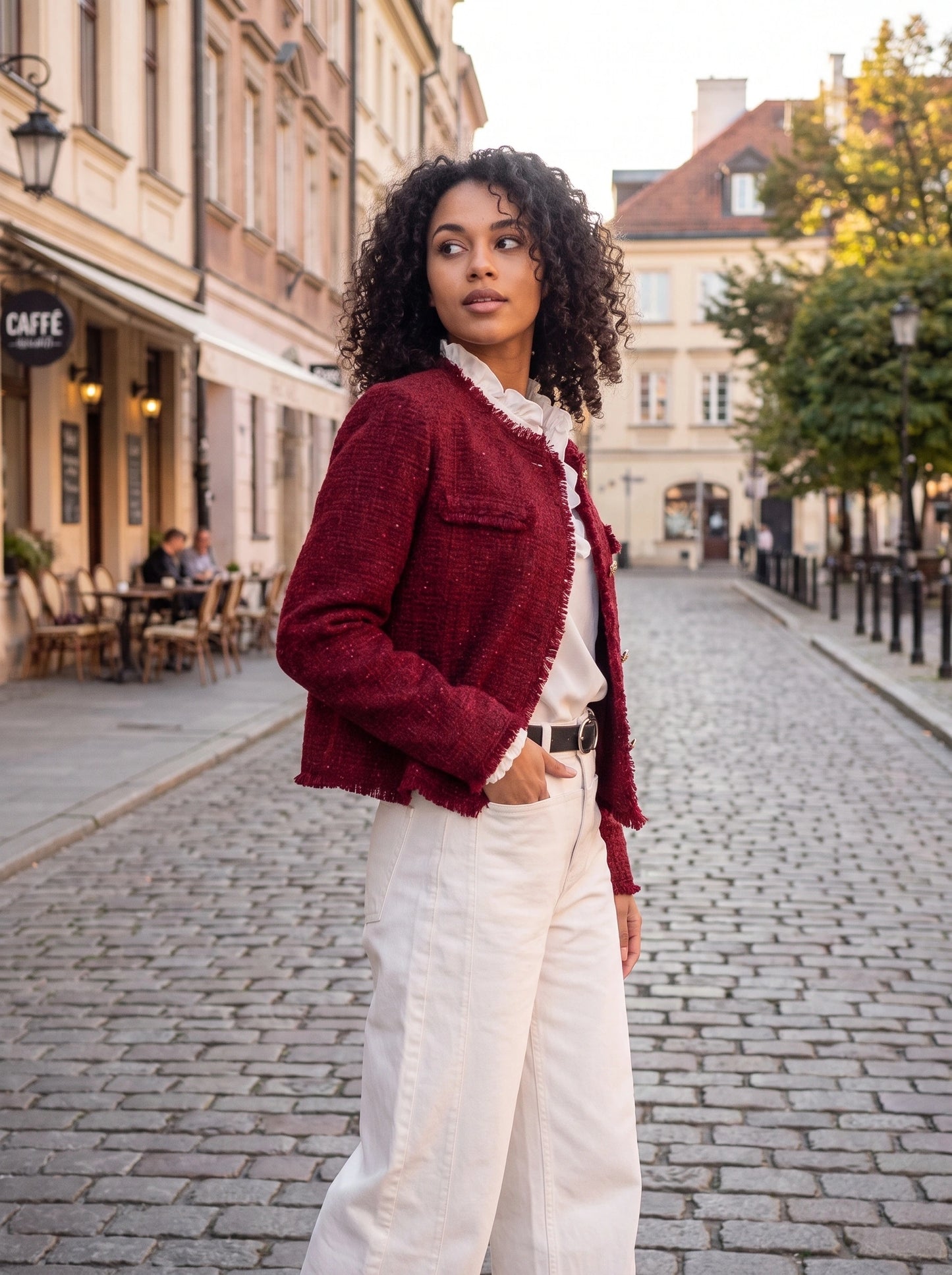 Close up view of the Womens Textured Autumn Jacket showing its intricate fabric texture and refined stitching details against a soft neutral background.