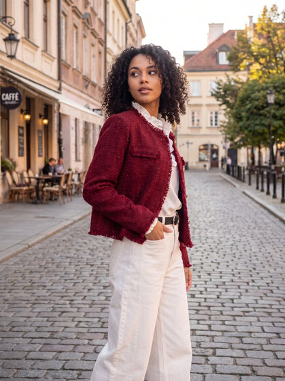 Close up view of the Womens Textured Autumn Jacket showing its intricate fabric texture and refined stitching details against a soft neutral background.