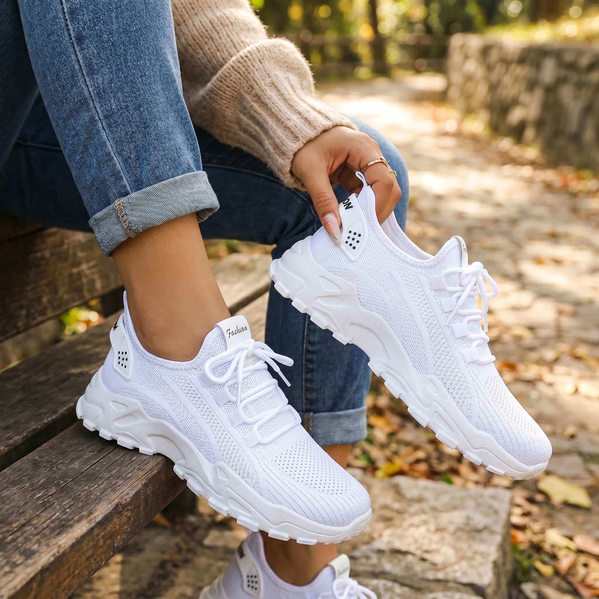 Close up view of the soft, breathable fabric and detailed stitching of the Womens Effortless Supportive Orthopedic Sneakers, showing their quality and comfort features.