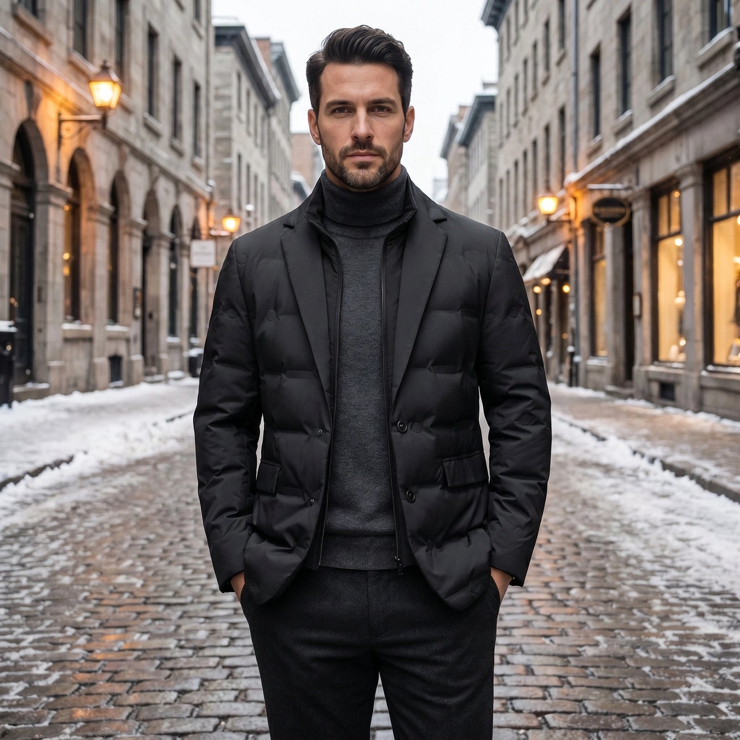Full front view of a model showing the Mens Streamlined Winter Jacket in a rich navy color, styled with complementary winter accessories against a neutral background.