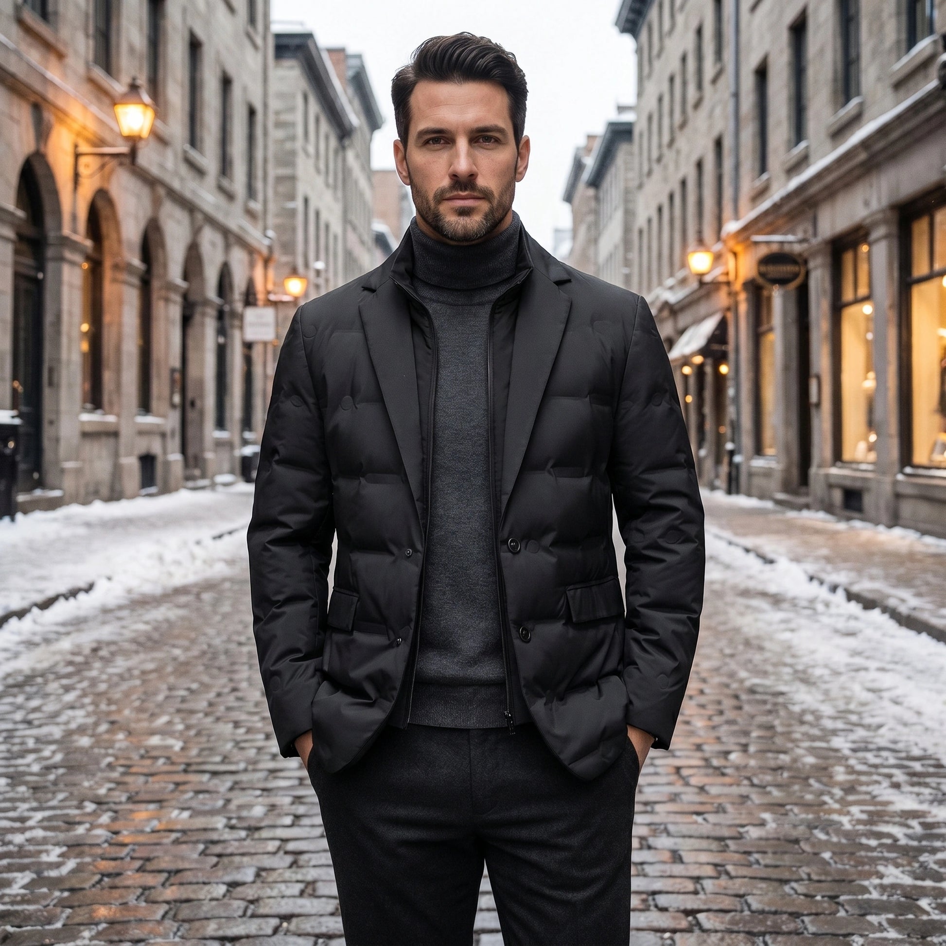 Full front view of a model showing the Mens Streamlined Winter Jacket in a rich navy color, styled with complementary winter accessories against a neutral background.