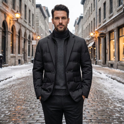 Full front view of a model showing the Mens Streamlined Winter Jacket in a rich navy color, styled with complementary winter accessories against a neutral background.