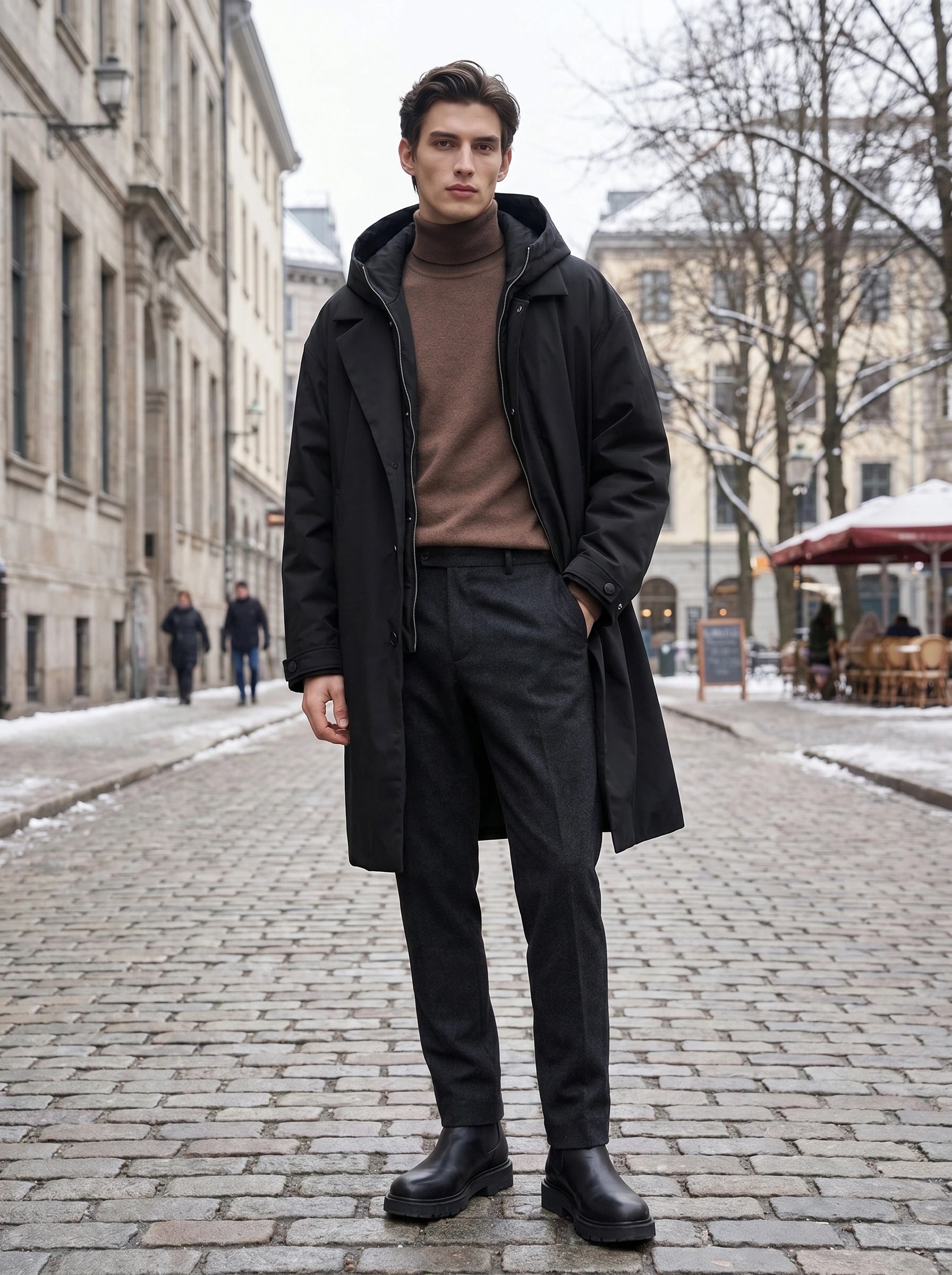 Close up view of the men's oversized winter overcoat showing the luxurious fabric texture and precise stitching details against a neutral background.