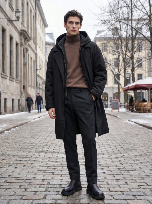 Close up view of the men's oversized winter overcoat showing the luxurious fabric texture and precise stitching details against a neutral background.