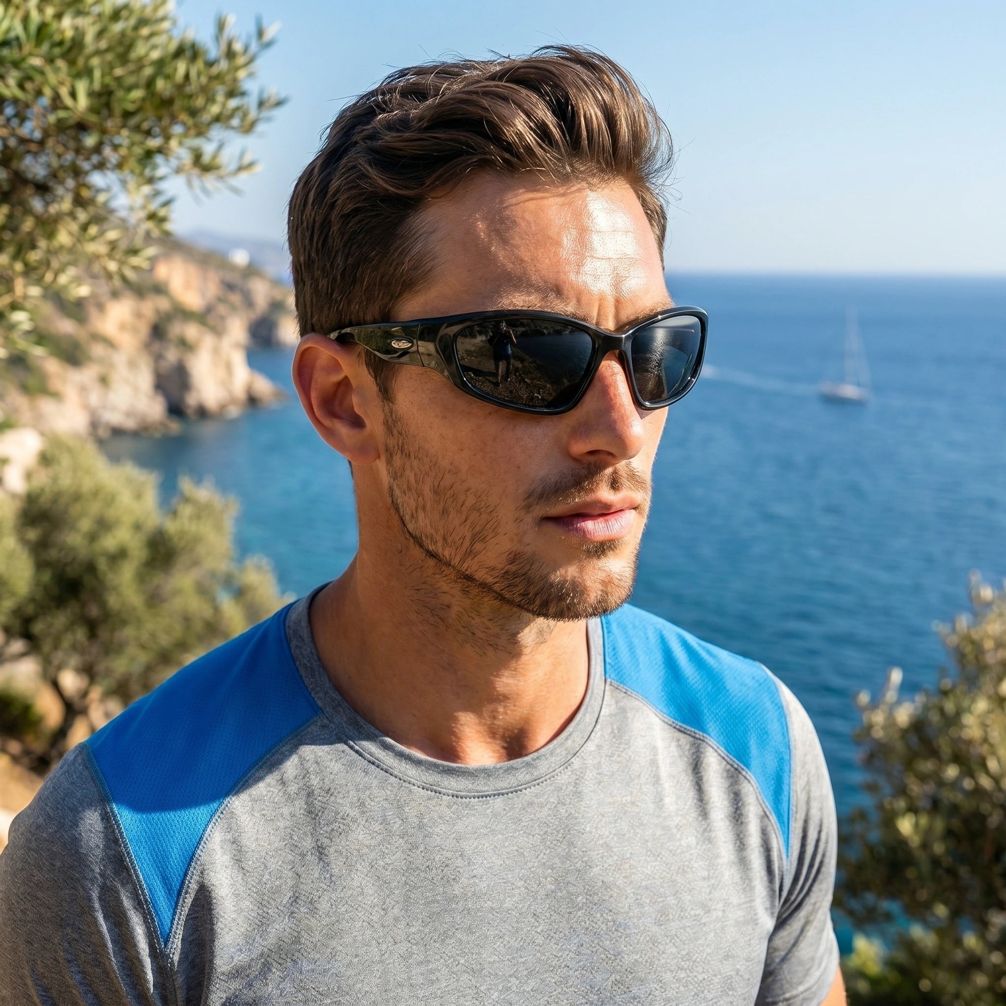 A model showcases mens bold retro vintage sunglasses, paired with a outfit showing a neutral color palette against a minimalist urban backdrop.