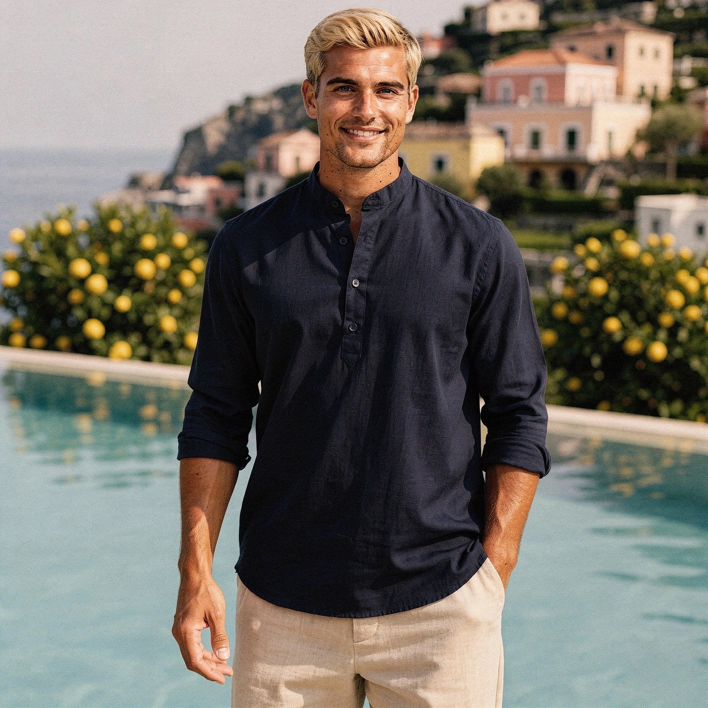 Lightweight casual henley shirt in soft cotton fabric, featuring a button placket and long sleeves, view
