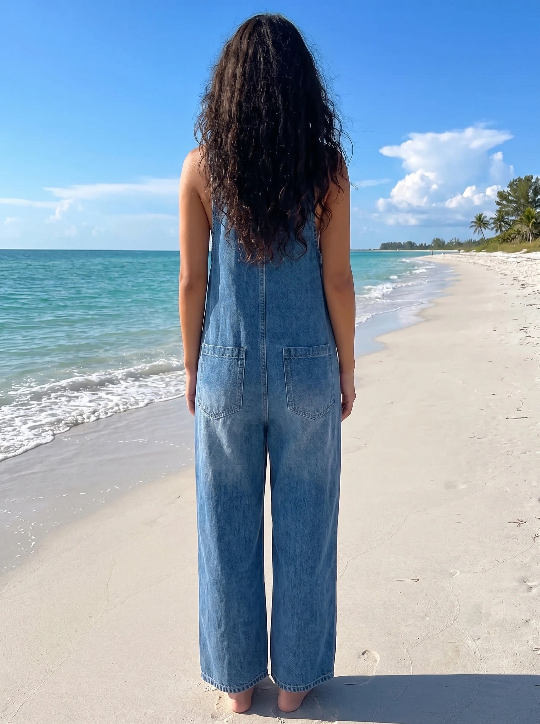Close up view of the vintage inspired denim fabric showing intricate stitching and texture details of the women's sleeveless loose fit overalls against a neutral background.