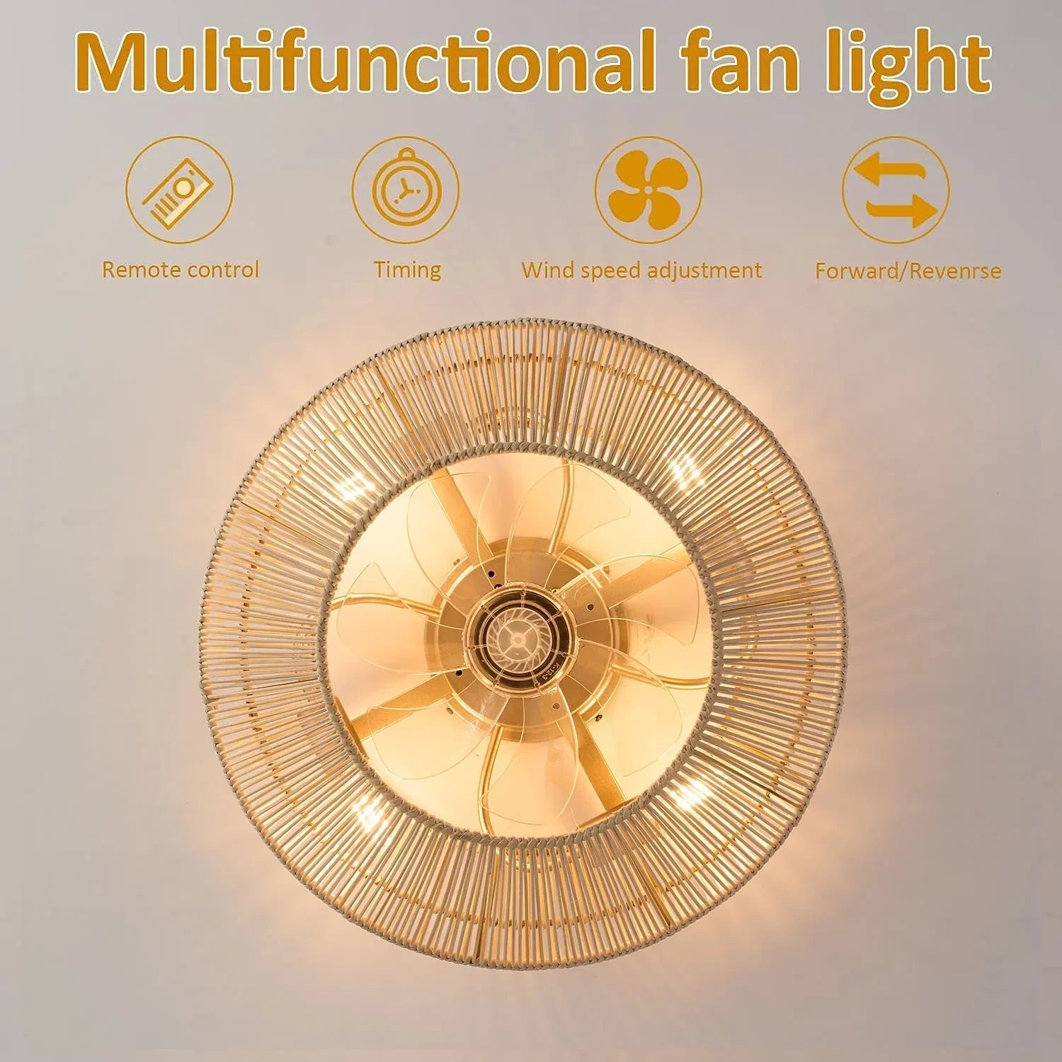 View highlighting the intricate rattan weave and integrated light fixture of a modern ceiling fan design