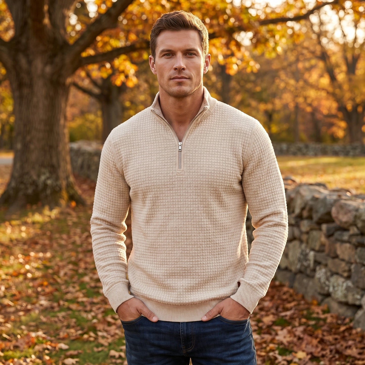 Close up view of the Mens Refined Quarter Zip Sweater showing the soft fabric texture and precise stitching details against a neutral background.