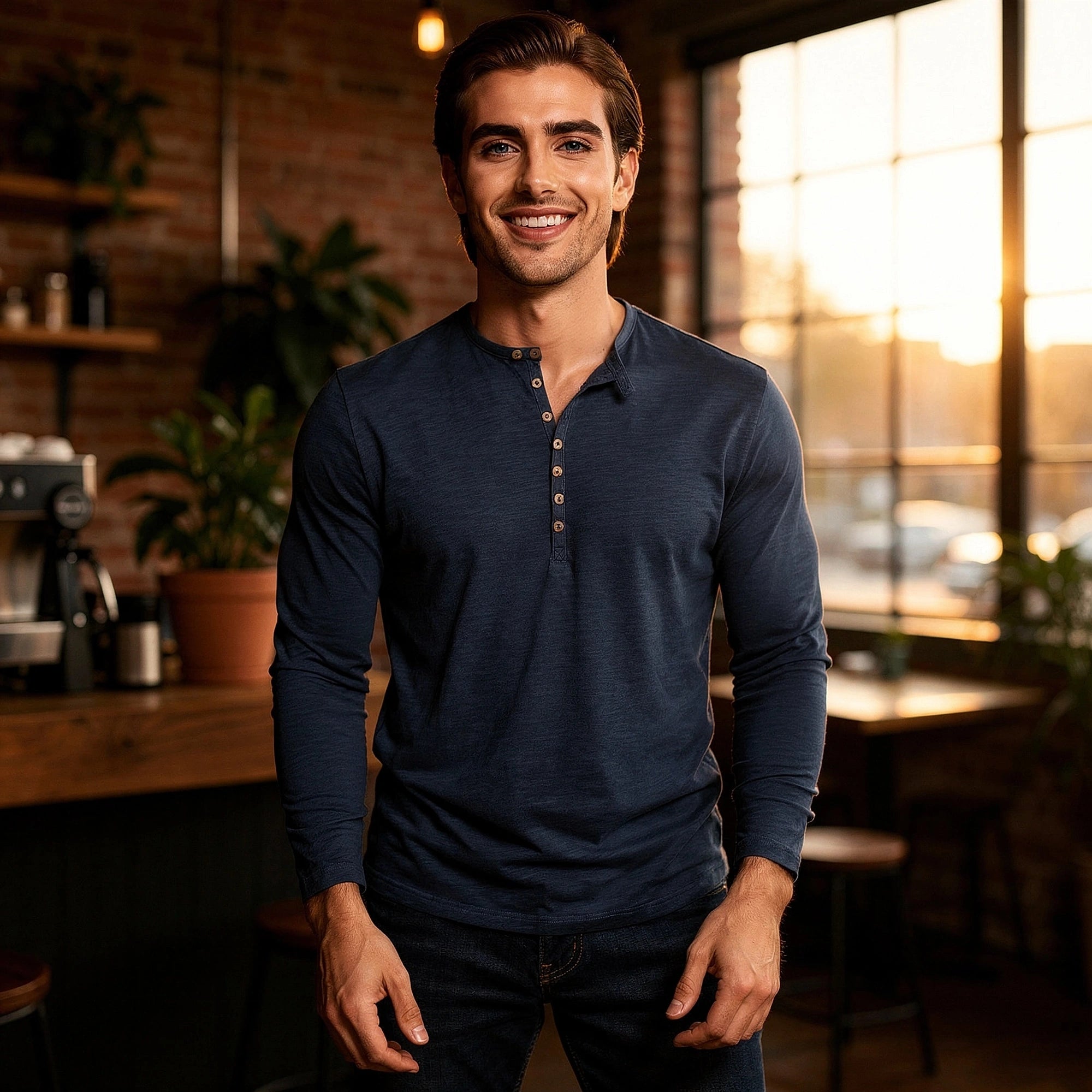 View of a soft, light gray long sleeve henley shirt featuring a three button placket and comfortable fabric