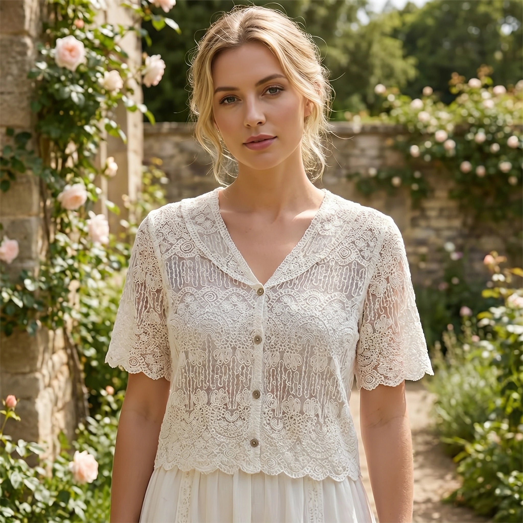 Close up view of the Womens Sheer Boho Summer Blouse showing delicate fabric texture, intricate stitching, and a soft, airy design ideal for summer wear.