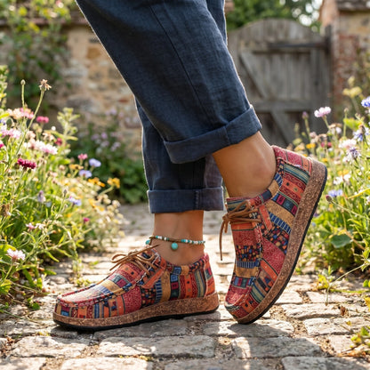 Close up of the womens supportive sneakers showing the high quality fabric, precise stitching, and modern design elements against a neutral background.