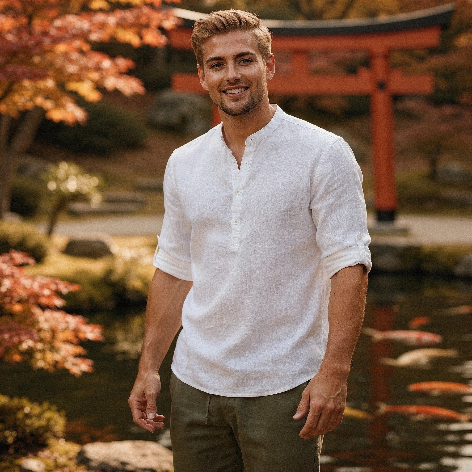 View of a relaxed fit autumn shirt in warm rust color, featuring a soft cotton material and button down collar