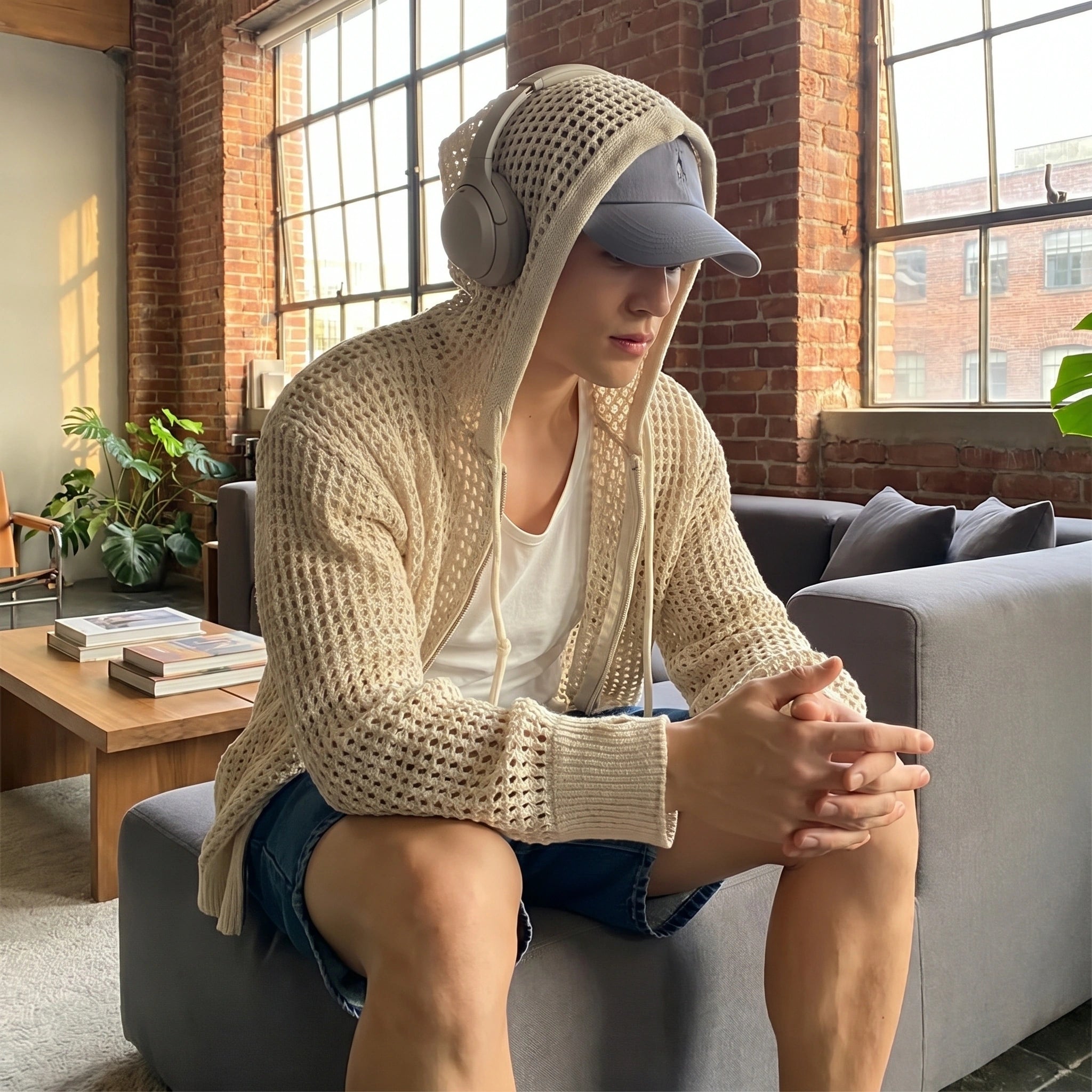 Close up view of the men's casual lightweight summer hoodie showing the soft fabric texture, intricate stitching details, and design elements against a neutral background.
