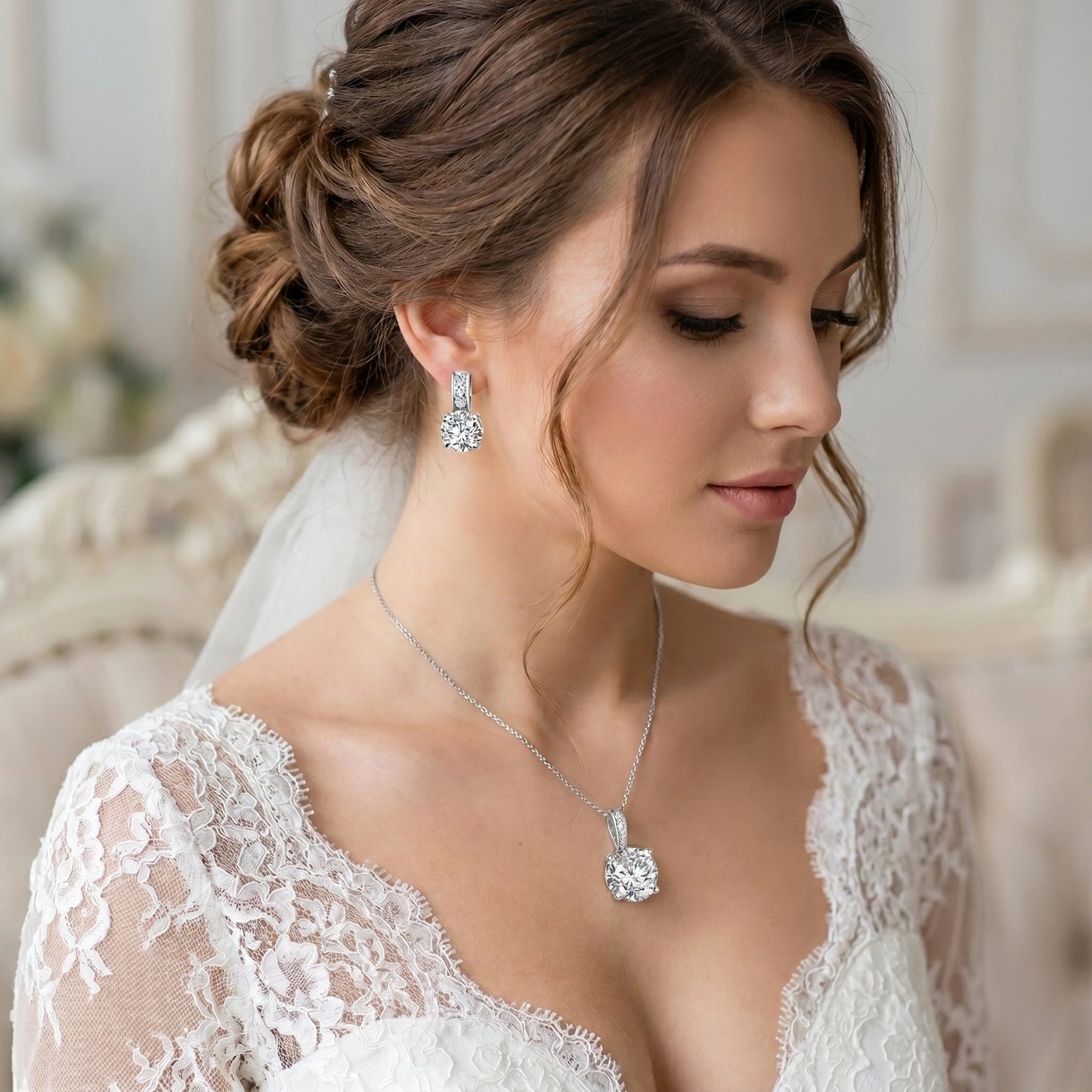 A model showcases the Womens Timeless Bridal Jewelry Set, showing delicate pieces against a soft, neutral background, enhancing the set's sophisticated charm.