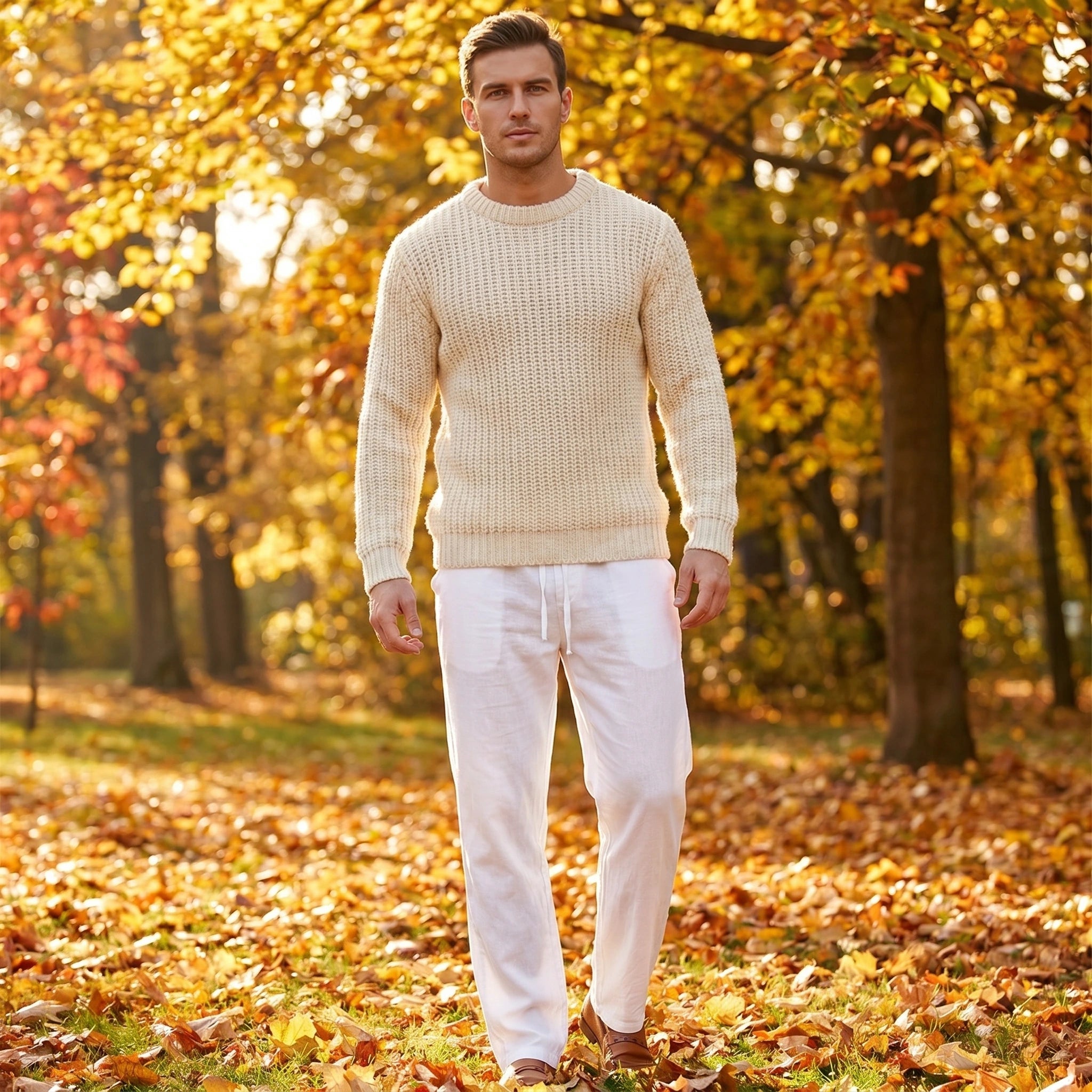 Close up view showing the breathable linen fabric and precise stitching of the men's solid trousers, showing their quality and attention to .