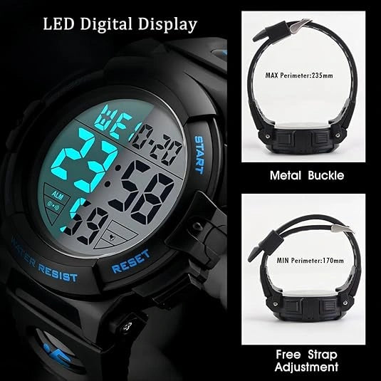 View of a black sports watch featuring a durable silicone strap, luminous dial, and multiple function buttons