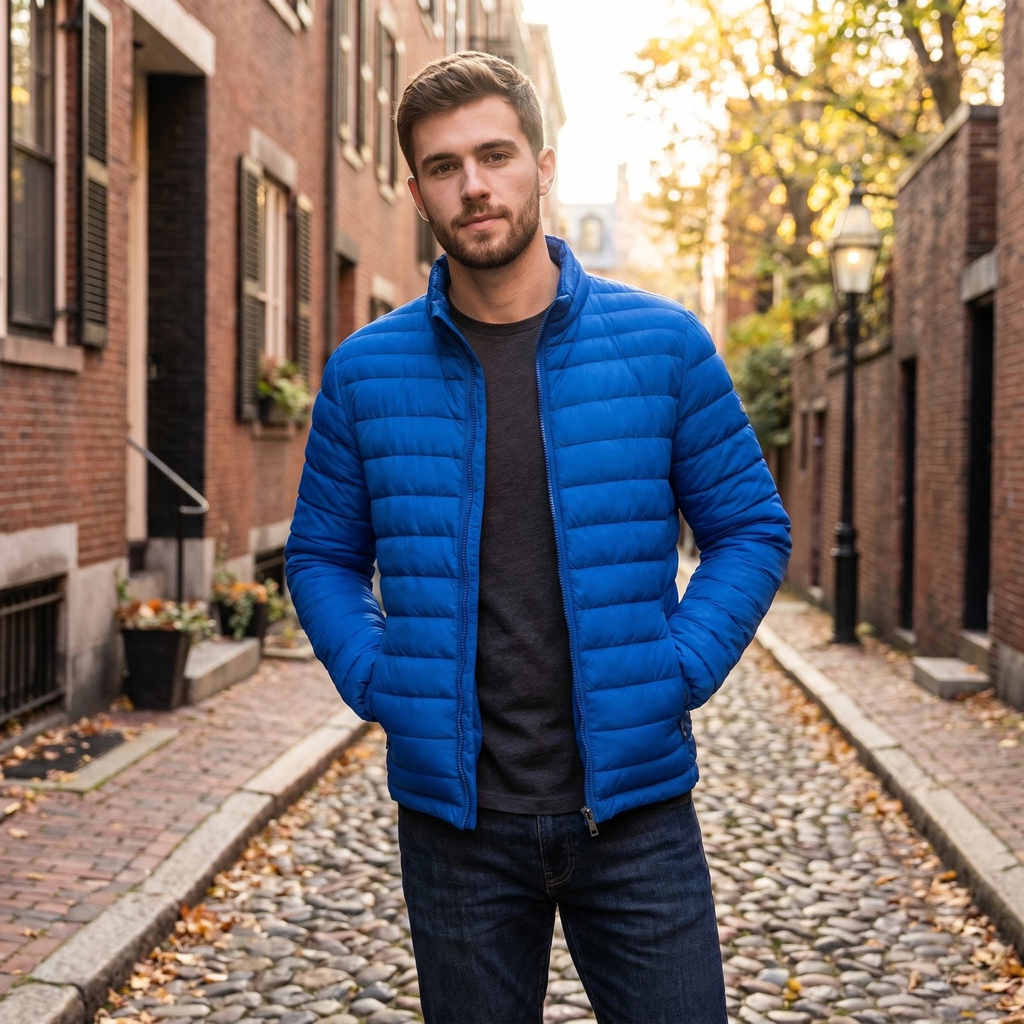 Close up view showing the sleek fabric and precise stitching details of the Mens Lightweight Slim Transitional Puffer Jacket in a color.