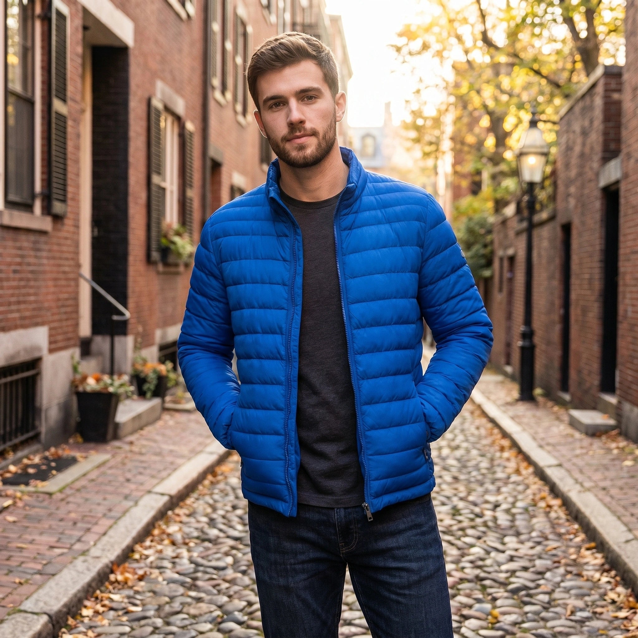 Close up view showing the sleek fabric and precise stitching details of the Mens Lightweight Slim Transitional Puffer Jacket in a color.