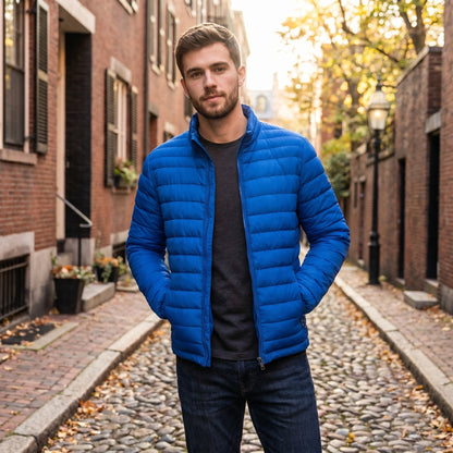 Close up view showing the sleek fabric and precise stitching details of the Mens Lightweight Slim Transitional Puffer Jacket in a color.