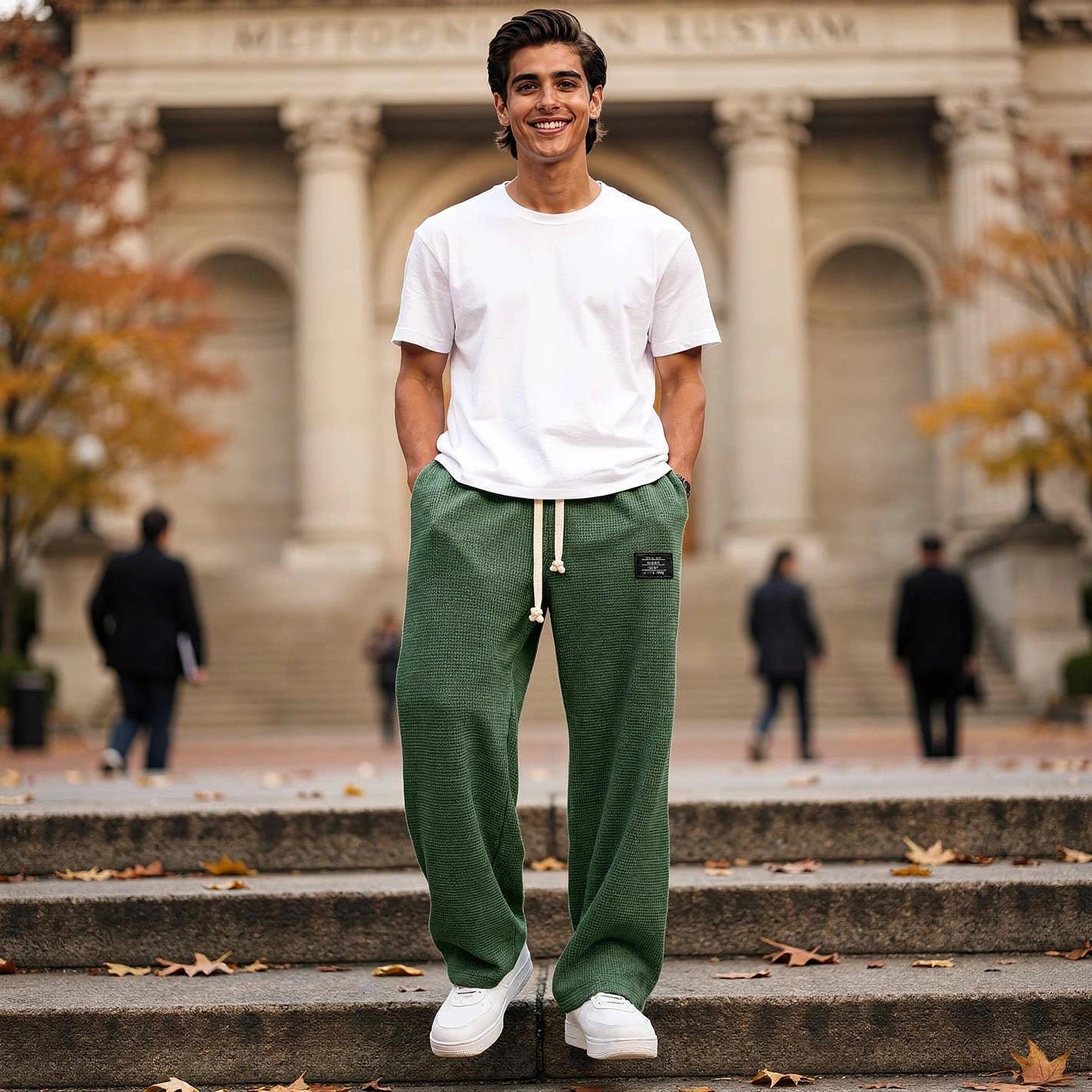 View of relaxed fit drawstring pants in soft cotton fabric, featuring an elastic waistband and pockets