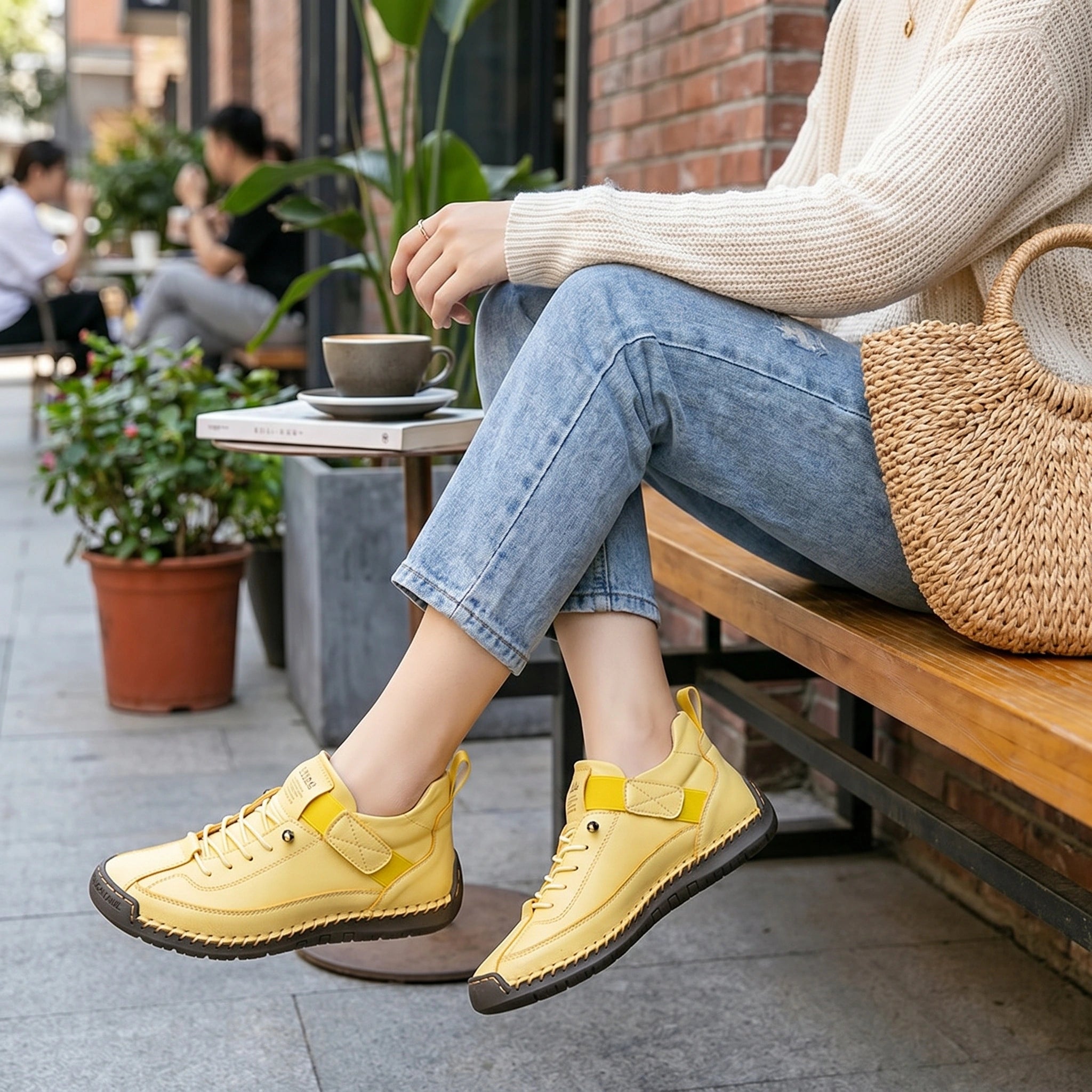 Close up view showing the premium fabric and intricate stitching of the orthopedic sneakers, showing their quality and attention to .