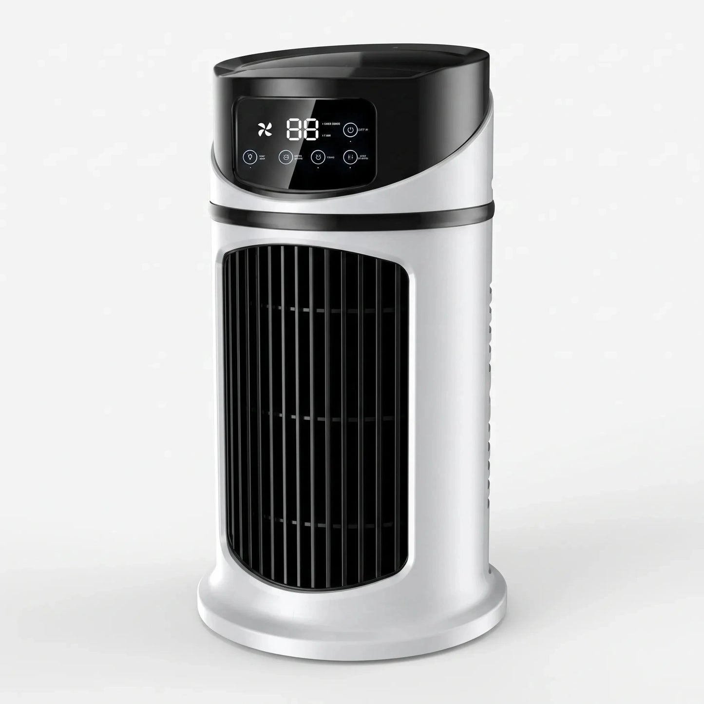 Rear view of a portable water misting fan showcasing the adjustable mist nozzle and ergonomic handle design