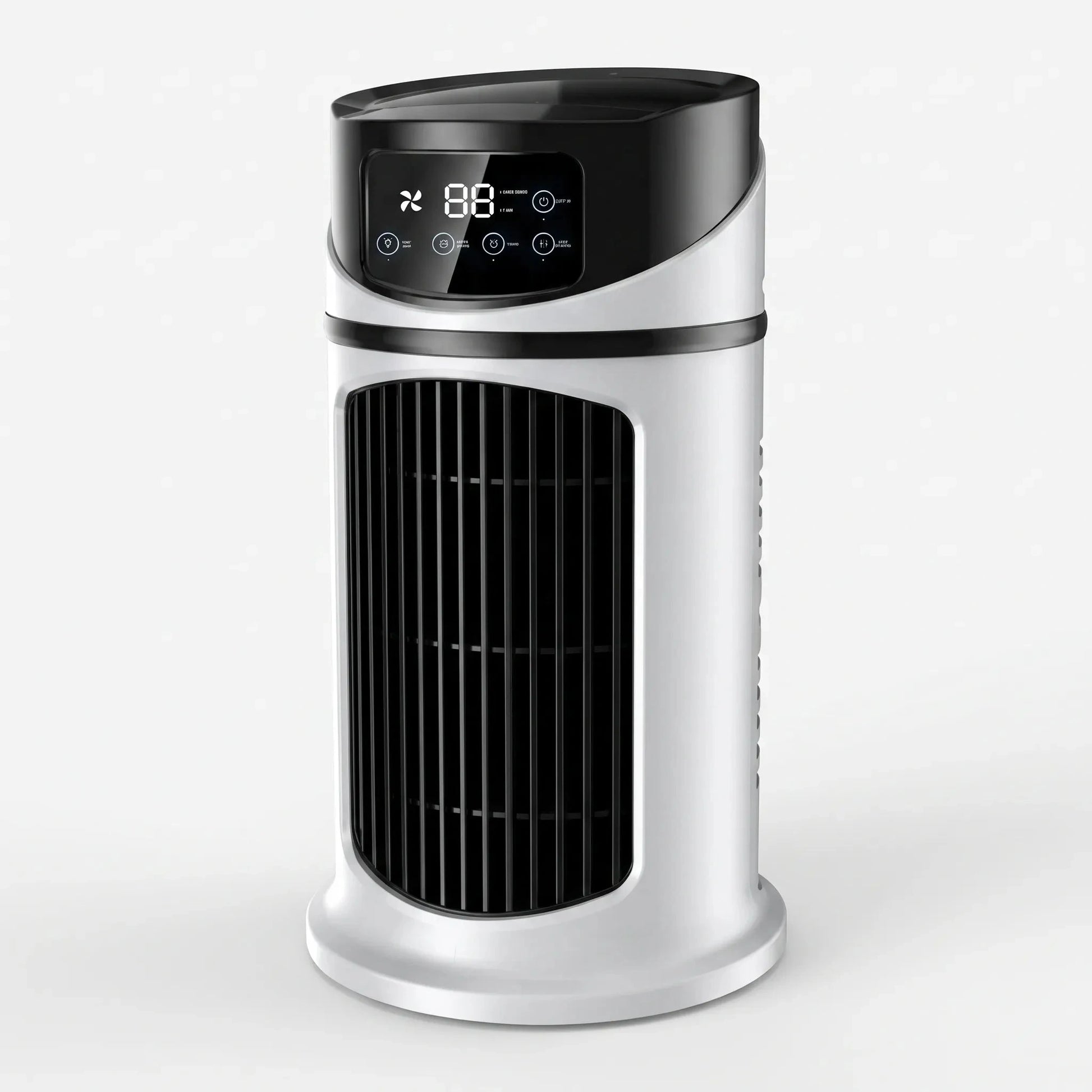 Rear view of a portable water misting fan showcasing the adjustable mist nozzle and ergonomic handle design