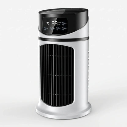 Rear view of a portable water misting fan showcasing the adjustable mist nozzle and ergonomic handle design