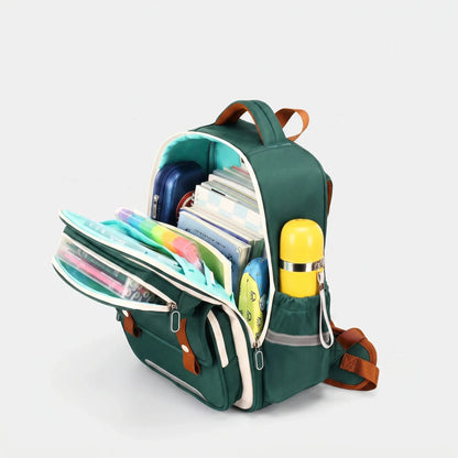 View of a structured ergonomic nylon school backpack in navy blue, featuring padded straps and multiple compartments