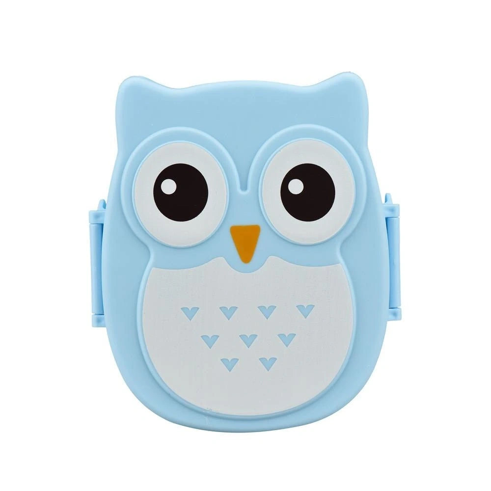 View of a playful sturdy plastic lunch box for kids, featuring a vibrant owl design and easy to open lid