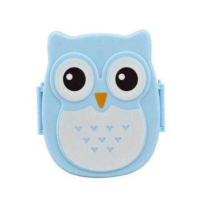 View of a playful sturdy plastic lunch box for kids, featuring a vibrant owl design and easy to open lid