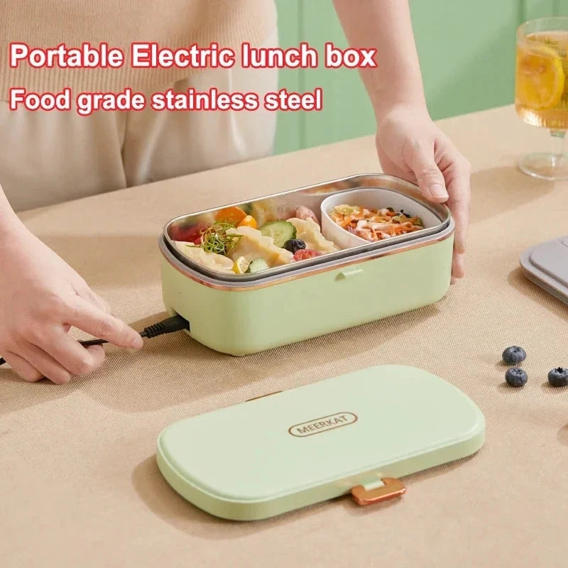 View of a compact insulated electric lunch box in sleek gray, featuring a durable exterior and easy to carry handle