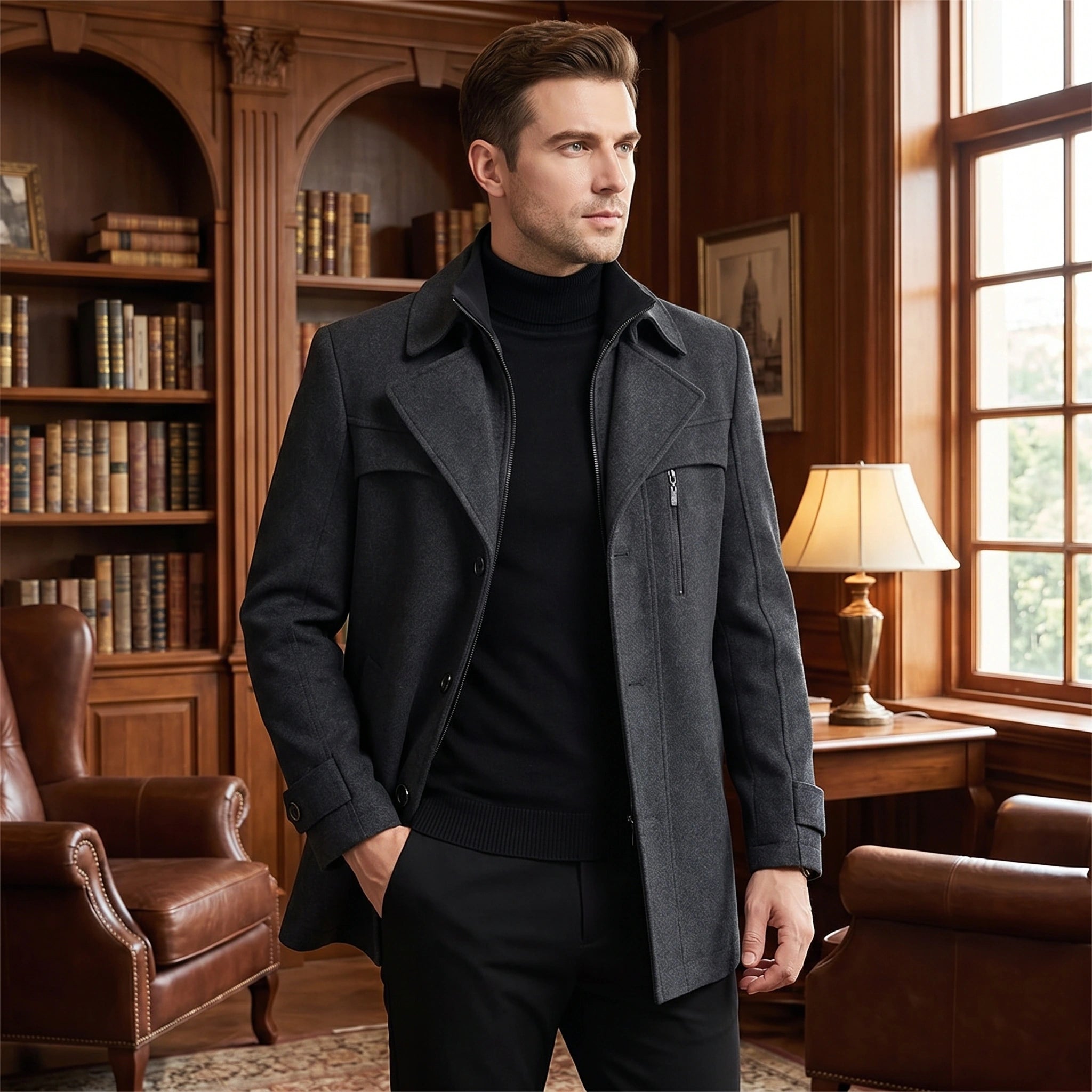 Back view of a mens tailored winter coat showing its refined construction, showing a sophisticated dark navy color against a neutral backdrop.
