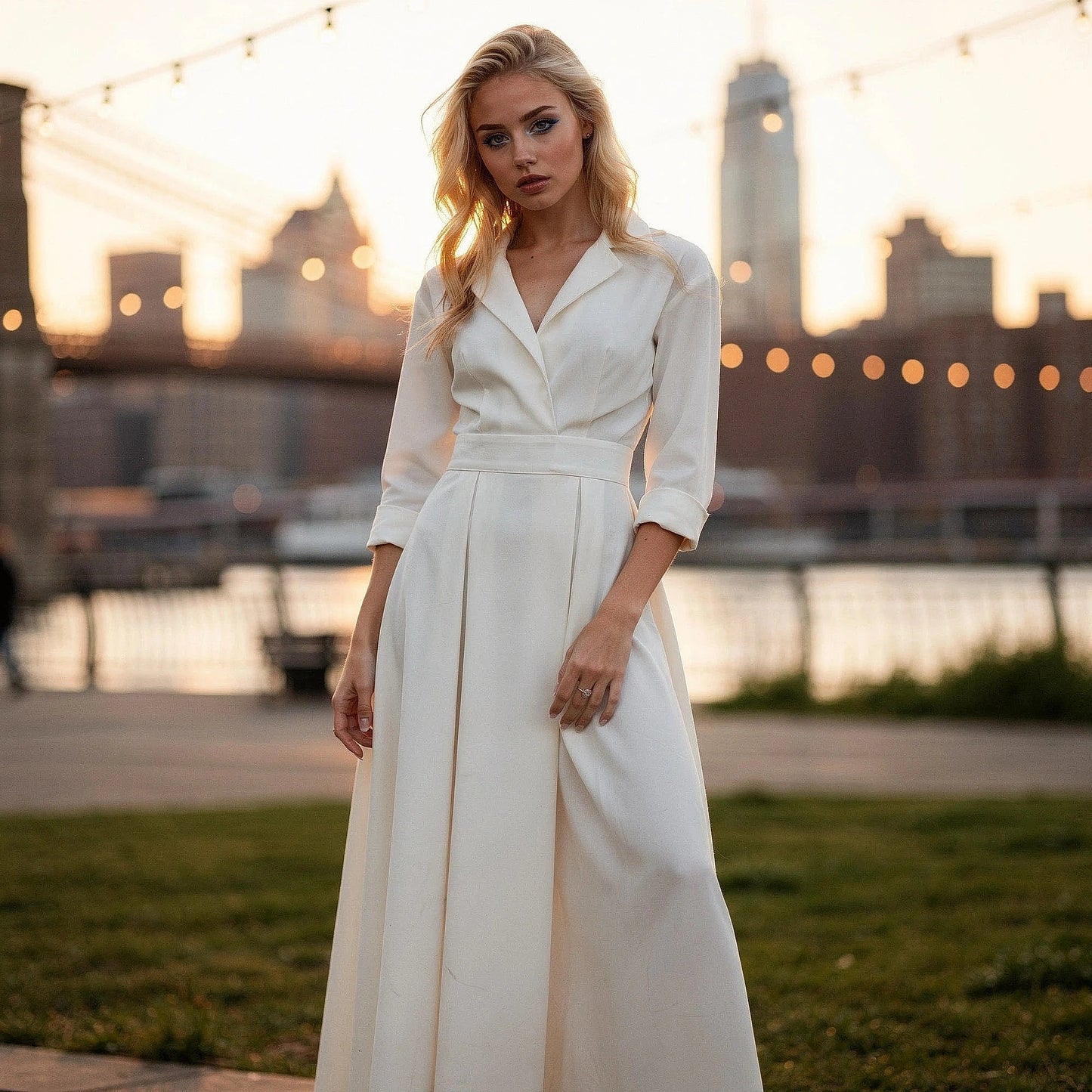 View of a flowing midi dress in soft fabric, featuring a button and a delicate floral pattern
