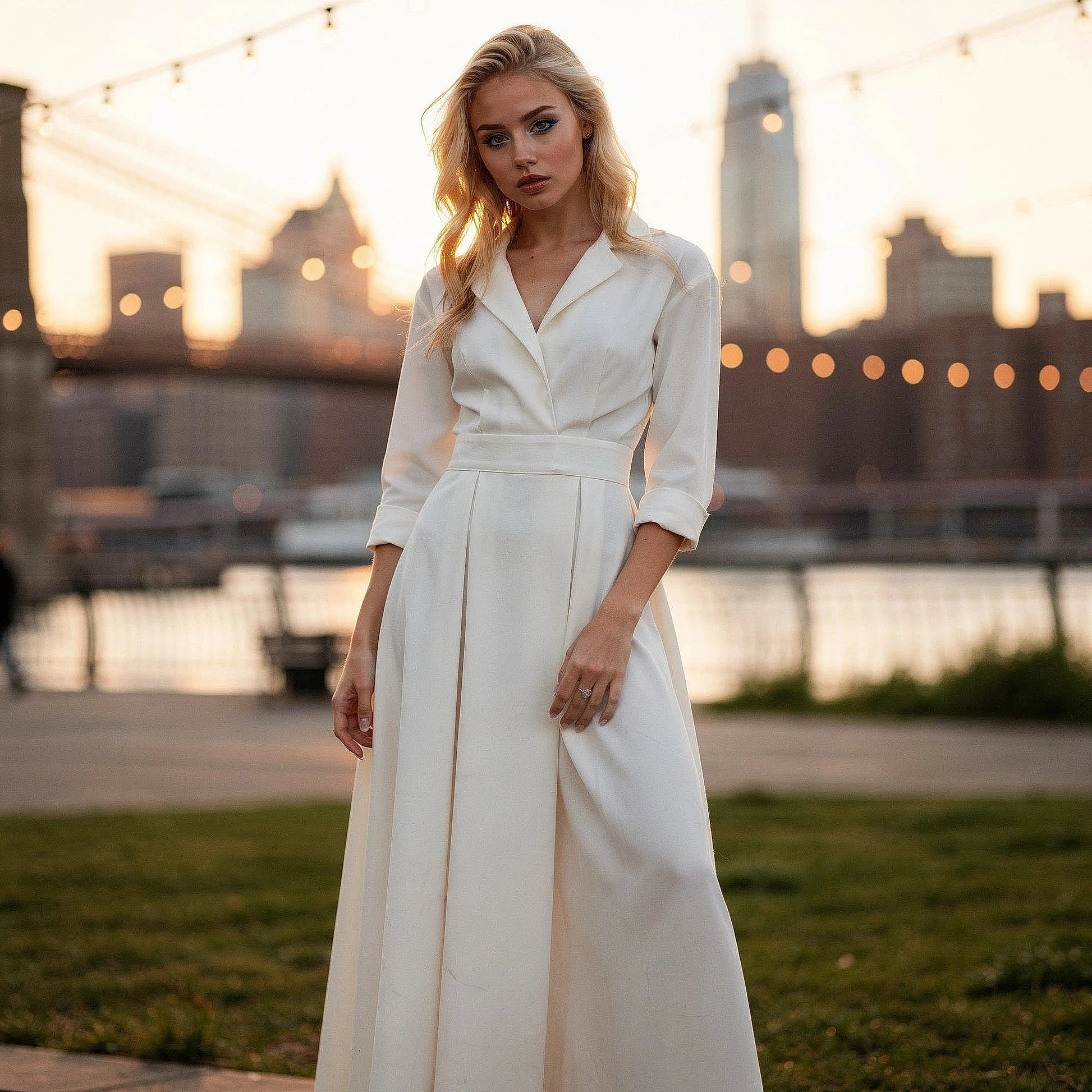 View of a flowing midi dress in soft fabric, featuring a button and a delicate floral pattern