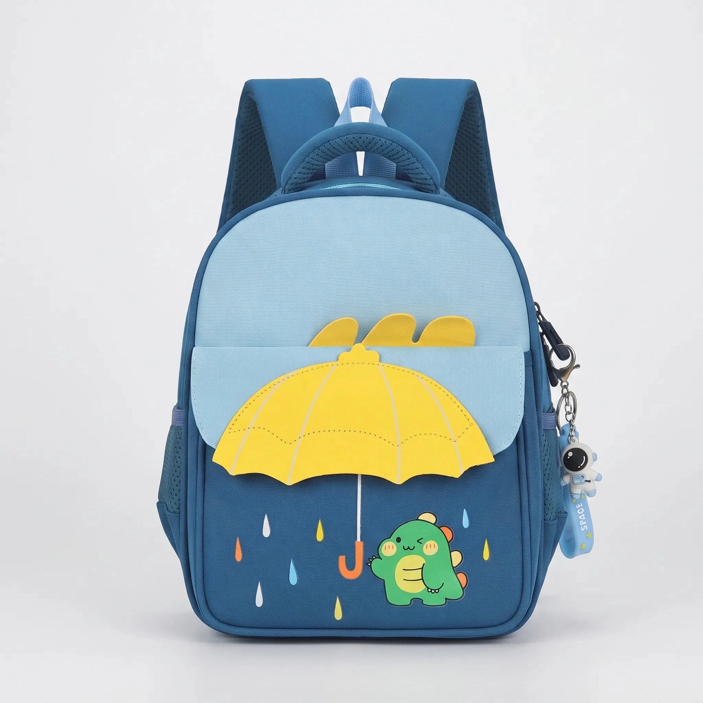 View of a cheerful lightweight kids backpack featuring a colorful cartoon print, showcasing adjustable straps and a top handle