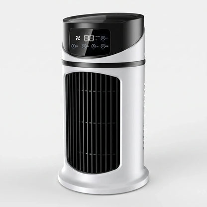 Profile view of the portable water misting fan showcasing its sleek design and adjustable nozzle for targeted cooling