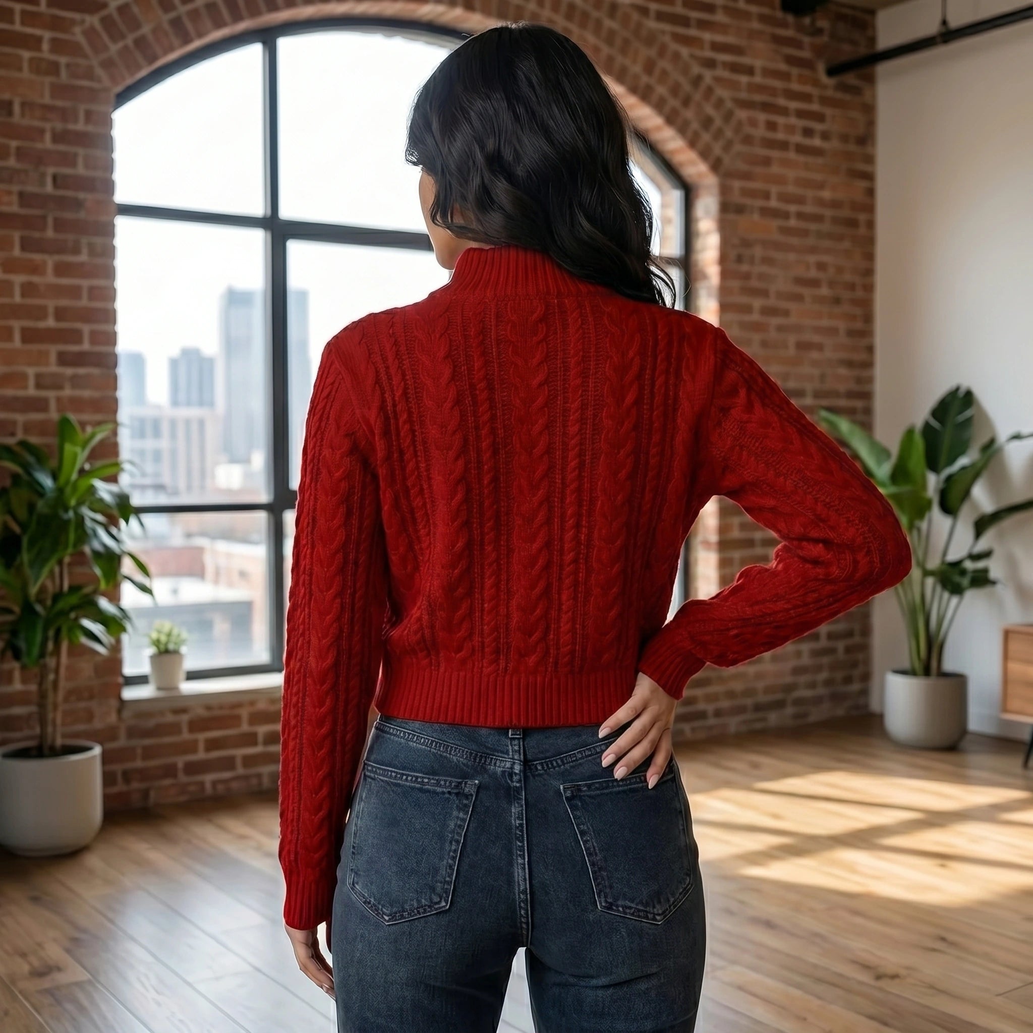 Back view of a model showing the Womens Modern Cropped Cardigan in a soft beige color, showing its tailored fit and construction details against a minimalist backdrop.