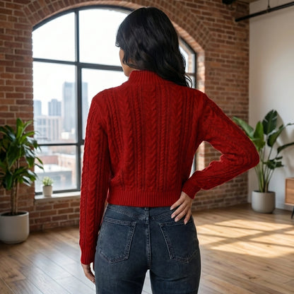 Back view of a model showing the Womens Modern Cropped Cardigan in a soft beige color, showing its tailored fit and construction details against a minimalist backdrop.