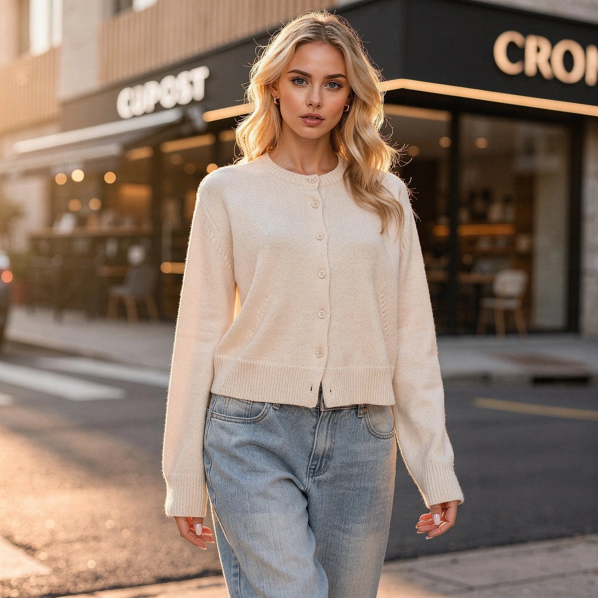 View of a modern cropped cardigan in soft knit fabric, featuring a relaxed fit and ribbed cuffs